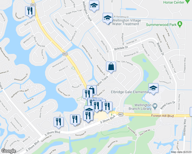 map of restaurants, bars, coffee shops, grocery stores, and more near 1538 Waterway Lane in Wellington