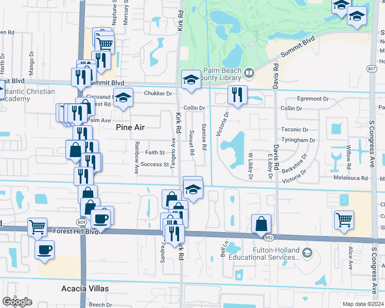 map of restaurants, bars, coffee shops, grocery stores, and more near 1354 Sunset Road in West Palm Beach
