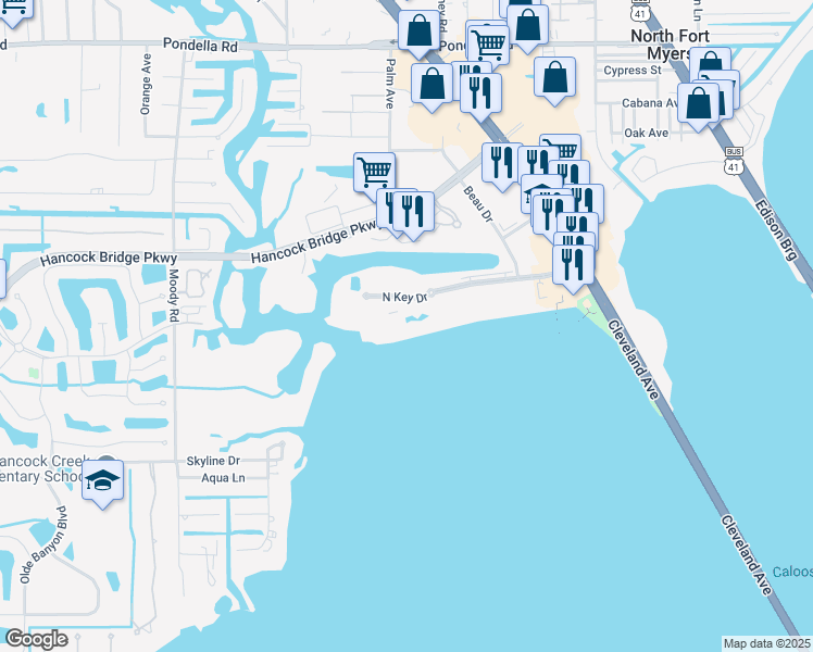 map of restaurants, bars, coffee shops, grocery stores, and more near 3480 North Key Drive in North Fort Myers