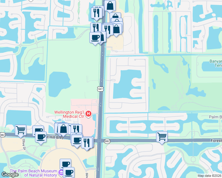 map of restaurants, bars, coffee shops, grocery stores, and more near 1420 Stonehaven Estates Drive in West Palm Beach