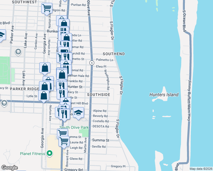 map of restaurants, bars, coffee shops, grocery stores, and more near 151 Cortez Road in West Palm Beach