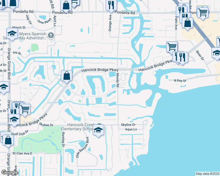 map of restaurants, bars, coffee shops, grocery stores, and more near 13255 Silver Thorn Loop in North Fort Myers