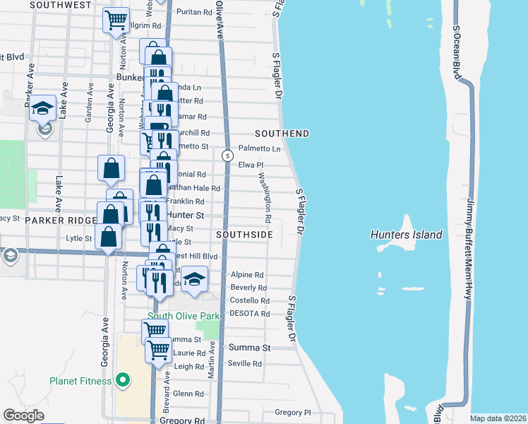 map of restaurants, bars, coffee shops, grocery stores, and more near 151 Cortez Road in West Palm Beach