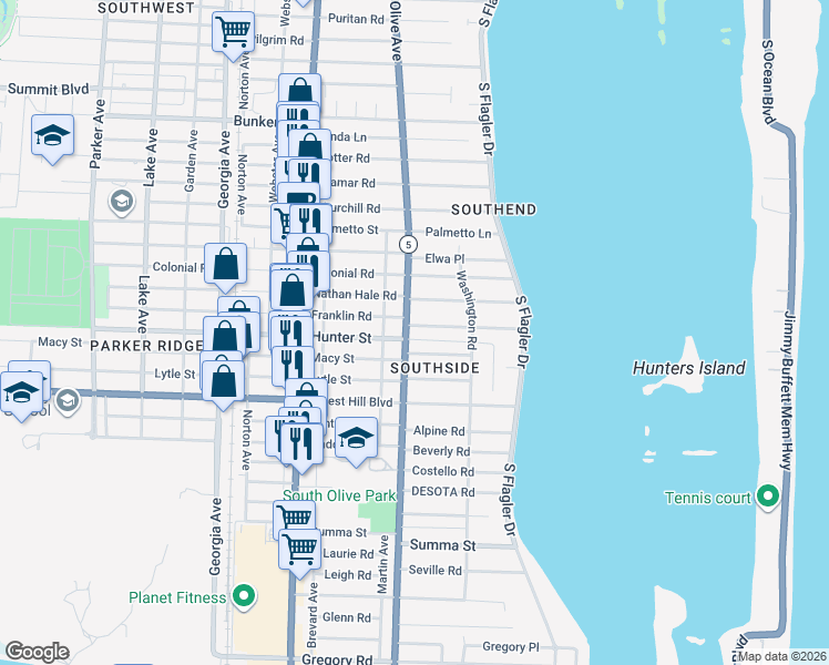 map of restaurants, bars, coffee shops, grocery stores, and more near 301 Franklin Road in West Palm Beach