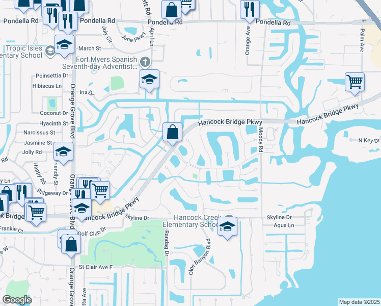 map of restaurants, bars, coffee shops, grocery stores, and more near 13055 Sail Away Street in North Fort Myers