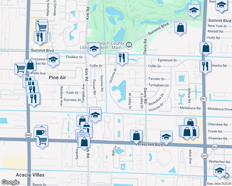 map of restaurants, bars, coffee shops, grocery stores, and more near 3781 Victoria Drive in West Palm Beach