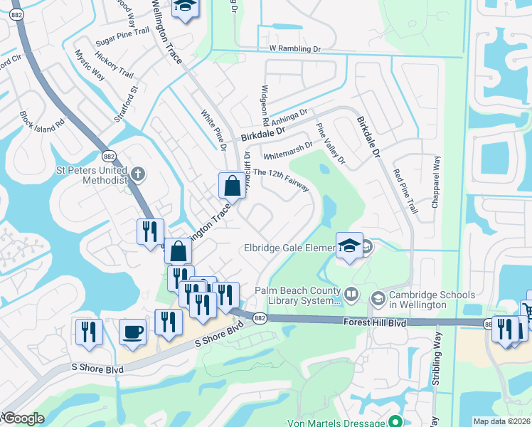 map of restaurants, bars, coffee shops, grocery stores, and more near 11760 Inverness Circle in Wellington