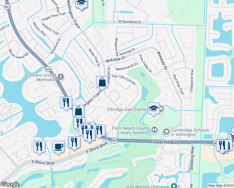 map of restaurants, bars, coffee shops, grocery stores, and more near 11760 Inverness Circle in Wellington