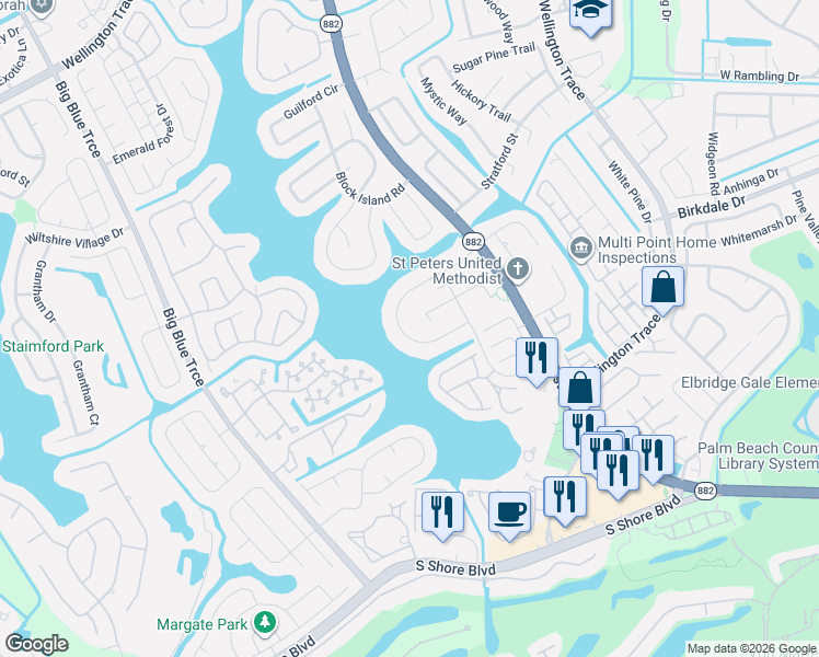 map of restaurants, bars, coffee shops, grocery stores, and more near 12461 Westhampton Circle in Wellington
