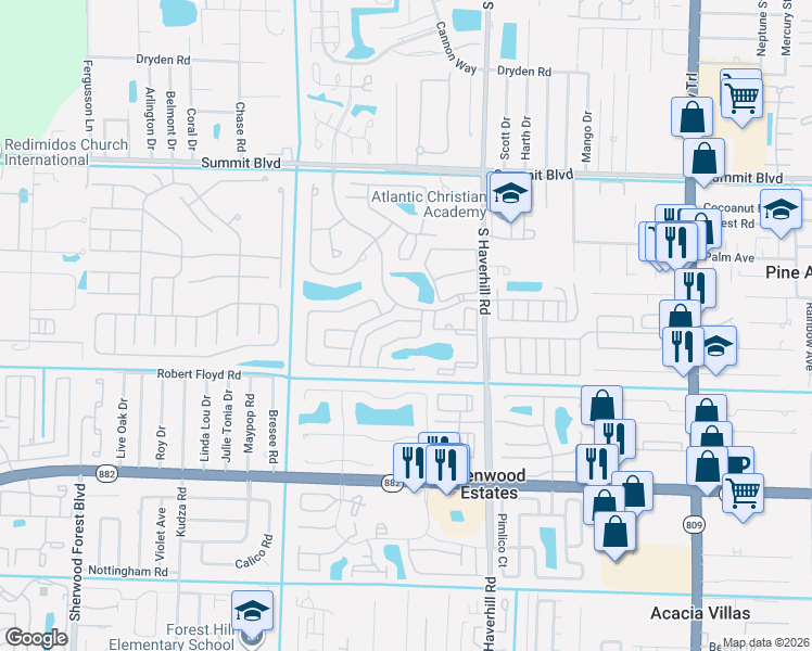 map of restaurants, bars, coffee shops, grocery stores, and more near 1329 Pines Lane in West Palm Beach