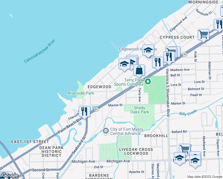 map of restaurants, bars, coffee shops, grocery stores, and more near 3255 Seminole Avenue in Fort Myers