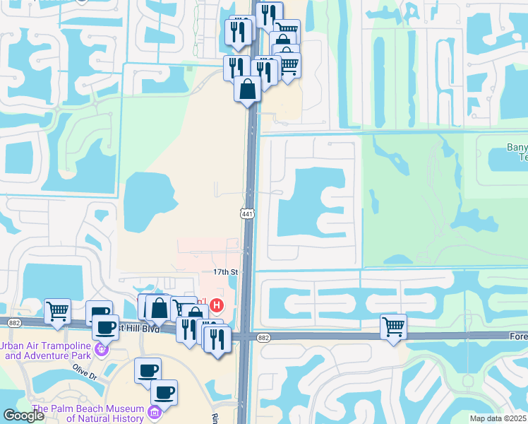 map of restaurants, bars, coffee shops, grocery stores, and more near 1421 Stonehaven Estates Drive in West Palm Beach