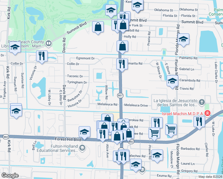 map of restaurants, bars, coffee shops, grocery stores, and more near 1278 Willow Road in West Palm Beach