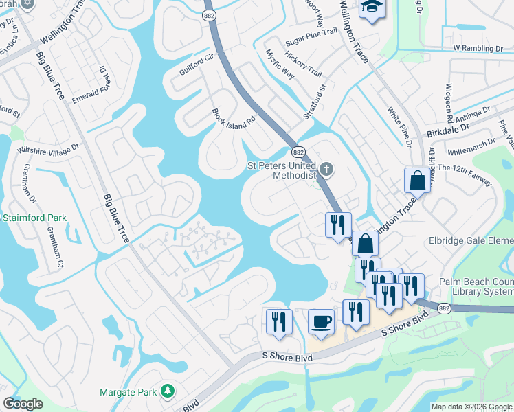 map of restaurants, bars, coffee shops, grocery stores, and more near 12435 Peconic Court in Wellington