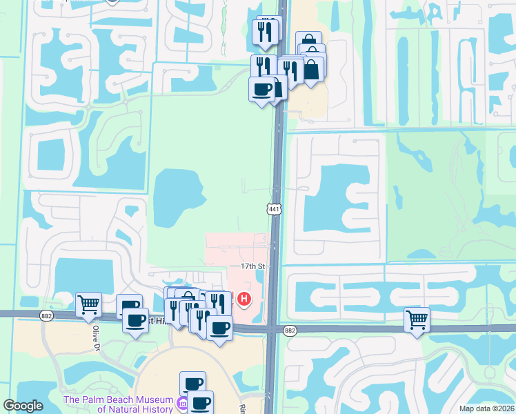 map of restaurants, bars, coffee shops, grocery stores, and more near 1341 Florida 7 in Wellington
