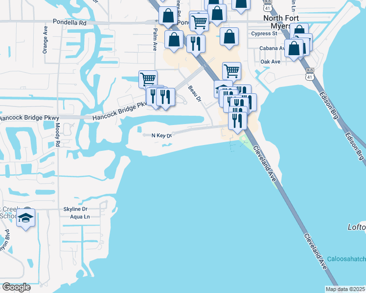 map of restaurants, bars, coffee shops, grocery stores, and more near 3398 North Key Drive in North Fort Myers