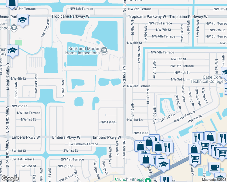 map of restaurants, bars, coffee shops, grocery stores, and more near 821 Larch Road in Cape Coral
