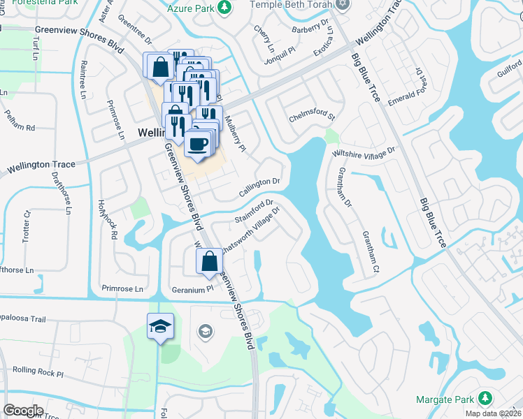 map of restaurants, bars, coffee shops, grocery stores, and more near 13698 Staimford Drive in Wellington