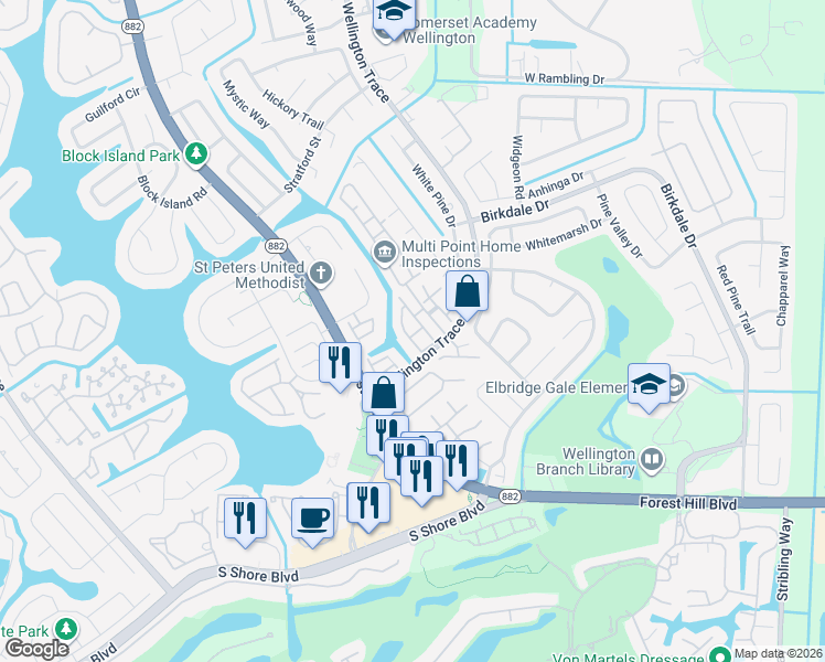 map of restaurants, bars, coffee shops, grocery stores, and more near 1538 Waterway Lane in Wellington