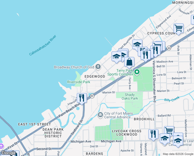 map of restaurants, bars, coffee shops, grocery stores, and more near 3175 Royalston Avenue in Fort Myers