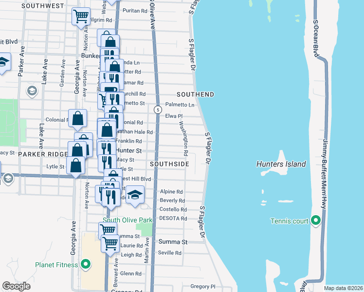 map of restaurants, bars, coffee shops, grocery stores, and more near 151 Cortez Road in West Palm Beach