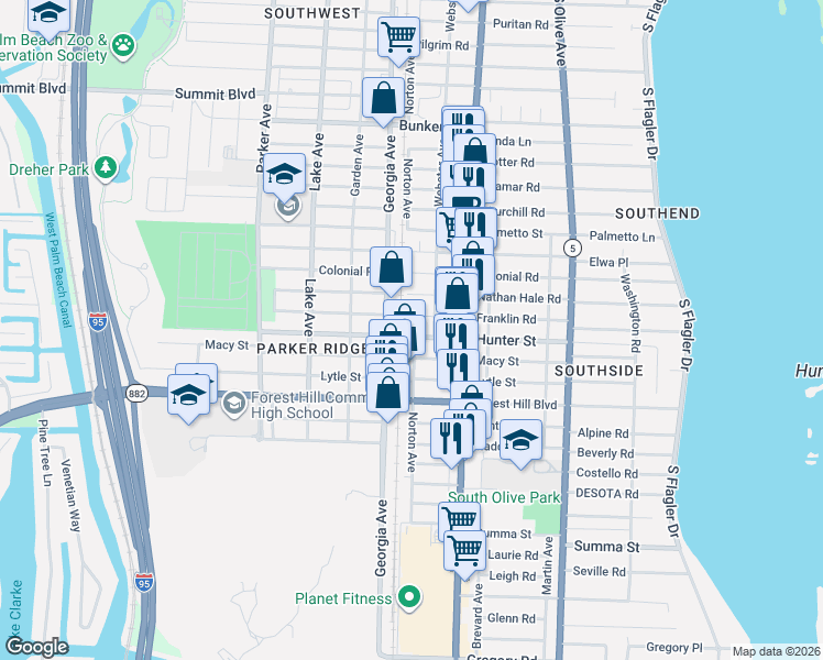 map of restaurants, bars, coffee shops, grocery stores, and more near 516 Franklin Road in West Palm Beach