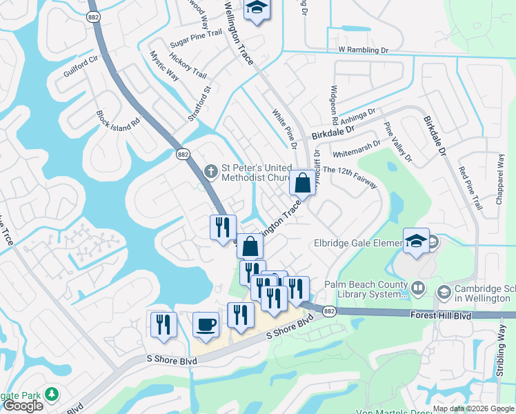 map of restaurants, bars, coffee shops, grocery stores, and more near 12136 Regal Court East in Wellington