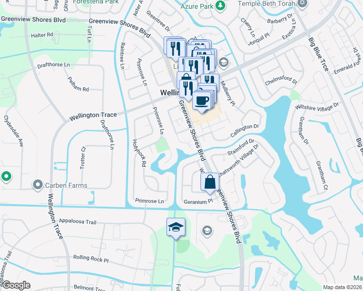 map of restaurants, bars, coffee shops, grocery stores, and more near 1622 Hawthorne Place in Wellington
