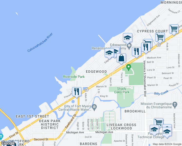 map of restaurants, bars, coffee shops, grocery stores, and more near 3168 East Riverside Drive in Fort Myers