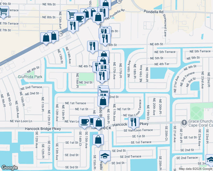 map of restaurants, bars, coffee shops, grocery stores, and more near 243 Del Prado Boulevard North in Cape Coral