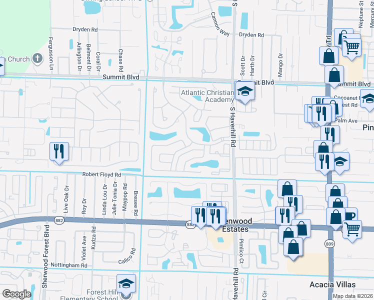 map of restaurants, bars, coffee shops, grocery stores, and more near 1286 Summit Run Circle in West Palm Beach