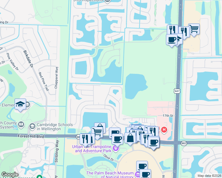 map of restaurants, bars, coffee shops, grocery stores, and more near 1616 Carriage Brooke Drive in Wellington