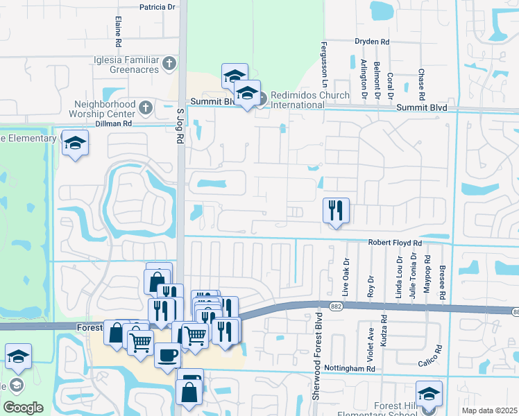 map of restaurants, bars, coffee shops, grocery stores, and more near 1062 Pinewood Lake Court in Greenacres