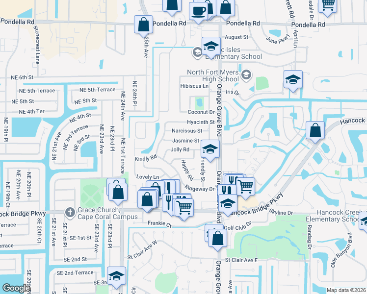 map of restaurants, bars, coffee shops, grocery stores, and more near 935 Jasmine Street in North Fort Myers