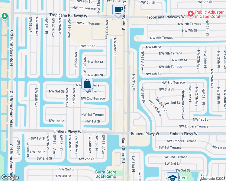map of restaurants, bars, coffee shops, grocery stores, and more near 313 Northwest 32nd Place in Cape Coral