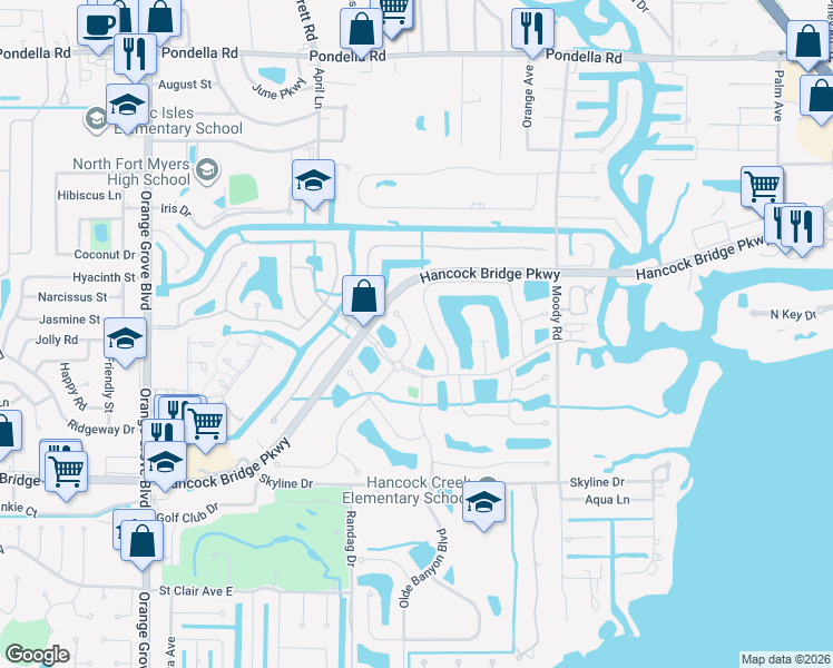 map of restaurants, bars, coffee shops, grocery stores, and more near 13085 Silver Thorn Loop in North Fort Myers
