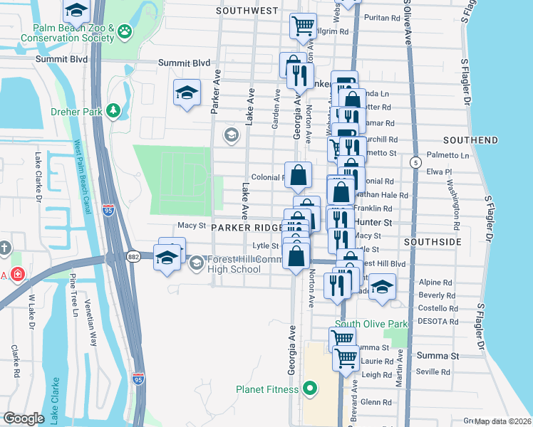 map of restaurants, bars, coffee shops, grocery stores, and more near 710 Franklin Road in West Palm Beach