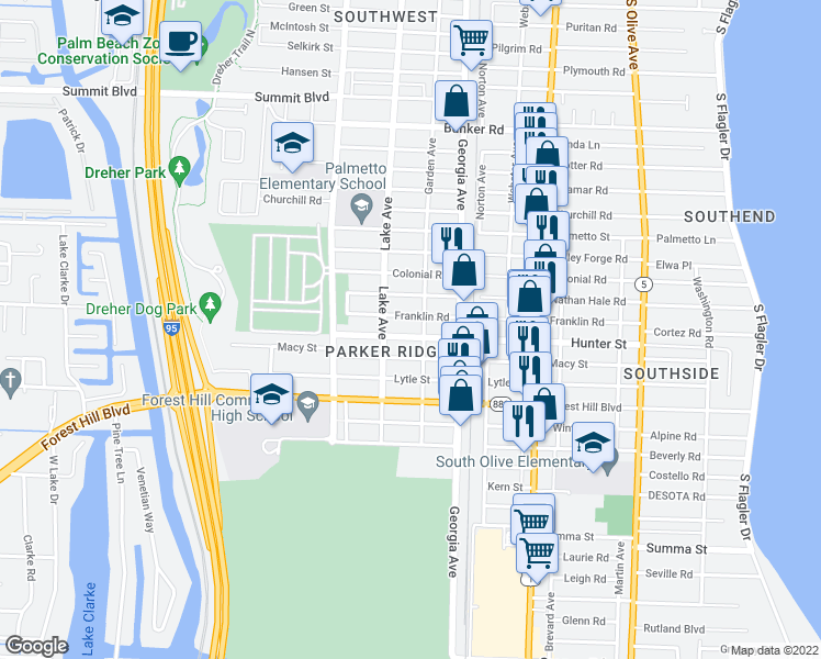 map of restaurants, bars, coffee shops, grocery stores, and more near 710 Franklin Road in West Palm Beach