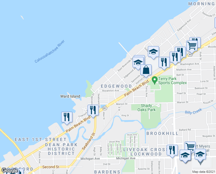 map of restaurants, bars, coffee shops, grocery stores, and more near 3168 East Riverside Drive in Fort Myers