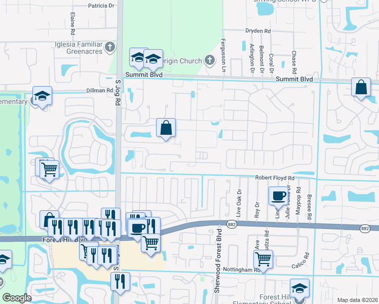 map of restaurants, bars, coffee shops, grocery stores, and more near 1321 Ranchette Road in West Palm Beach