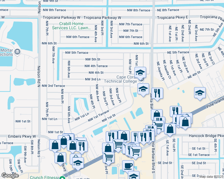 map of restaurants, bars, coffee shops, grocery stores, and more near 303 Northwest 3rd Avenue in Cape Coral