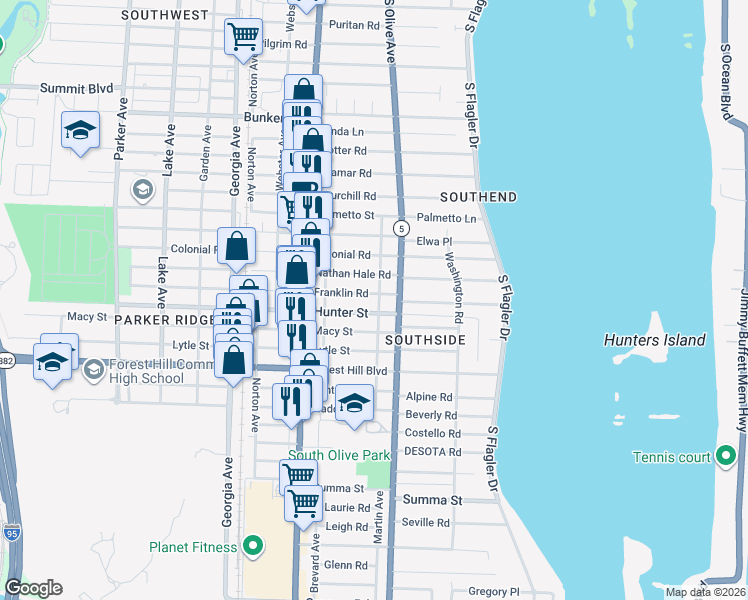 map of restaurants, bars, coffee shops, grocery stores, and more near 335 Franklin Road in West Palm Beach