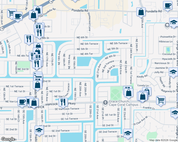 map of restaurants, bars, coffee shops, grocery stores, and more near 2026 Northeast 3rd Street in Cape Coral