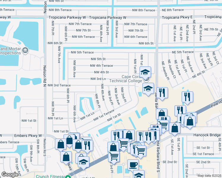 map of restaurants, bars, coffee shops, grocery stores, and more near 306 Northwest 3rd Avenue in Cape Coral