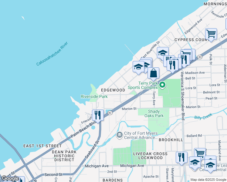 map of restaurants, bars, coffee shops, grocery stores, and more near 3168 East Riverside Drive in Fort Myers