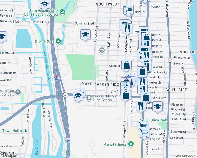 map of restaurants, bars, coffee shops, grocery stores, and more near 6411 Parker Avenue in West Palm Beach