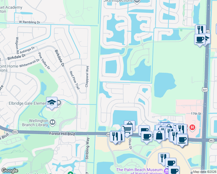 map of restaurants, bars, coffee shops, grocery stores, and more near 10752 Oak Bend Way in Wellington