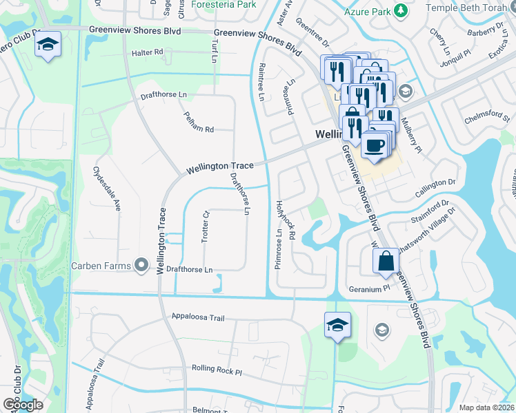 map of restaurants, bars, coffee shops, grocery stores, and more near 14643 Drafthorse Lane in Wellington
