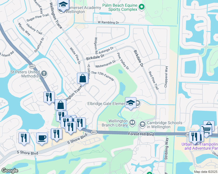 map of restaurants, bars, coffee shops, grocery stores, and more near 1633 Baltrusol Place in Wellington