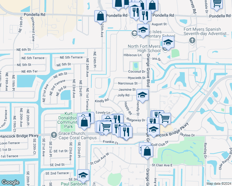map of restaurants, bars, coffee shops, grocery stores, and more near 990 Jolly Road in North Fort Myers